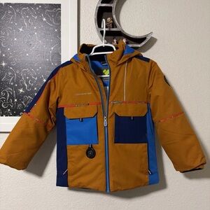 Obermeyer Altar Ski Snowboard Jacket Hooded Orange Blue Size 7 I Grow